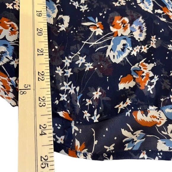 Joie Silk Floral Sheer Blouse Navy Blue Rust Button Front Wide Neck Oversized XS - Picture 8 of 10